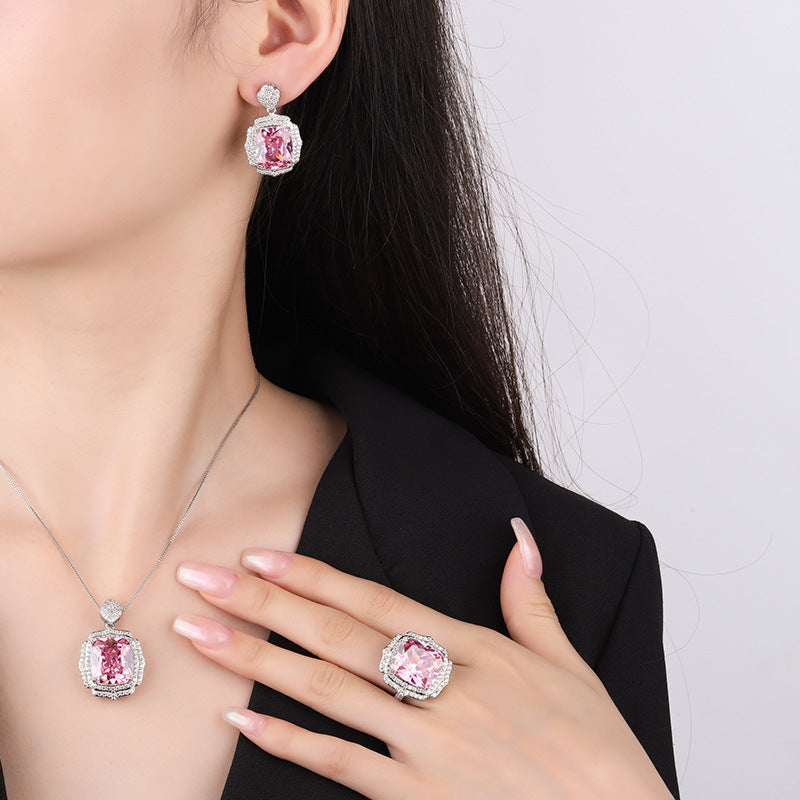 Luxurious Pink Diamond Set: Ring, Necklace, Earrings, awakening the romantic sentiments deep within your heart.