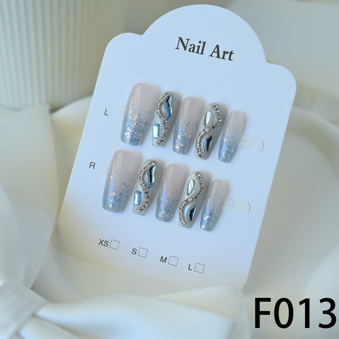 Handcrafted Wearable Nails with Diamond-Studded and Glitter Design, Removable Medium-Long Nail Art Stickers