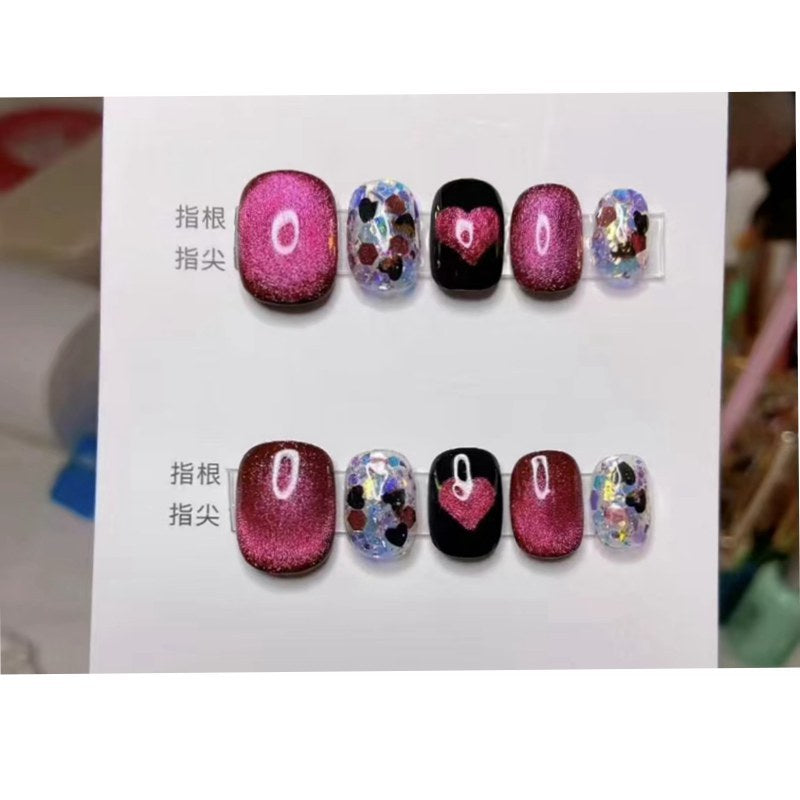 Handcrafted Wearable Nails, Hot Girl Style with Glitter and Cat-Eye Effect, Removable Short Nail Art Stickers.