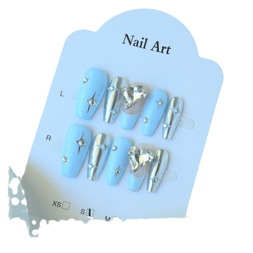 Handcrafted Wearable Blue and Silver Nails with Diamond Hand-Painted Design, Removable Medium-Long Nail Art Stickers.