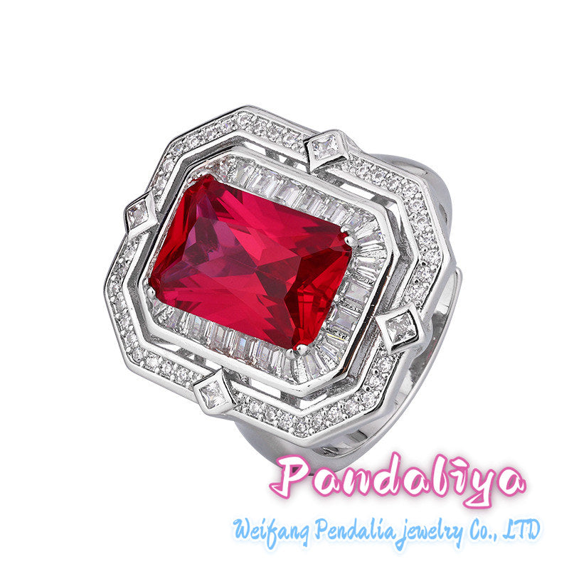 Simulated gemstone set, intricately adorned with exquisite square-cut diamonds, perfectly complementing both the ring and necklace, exuding a noble demeanor and radiating captivating brilliance!