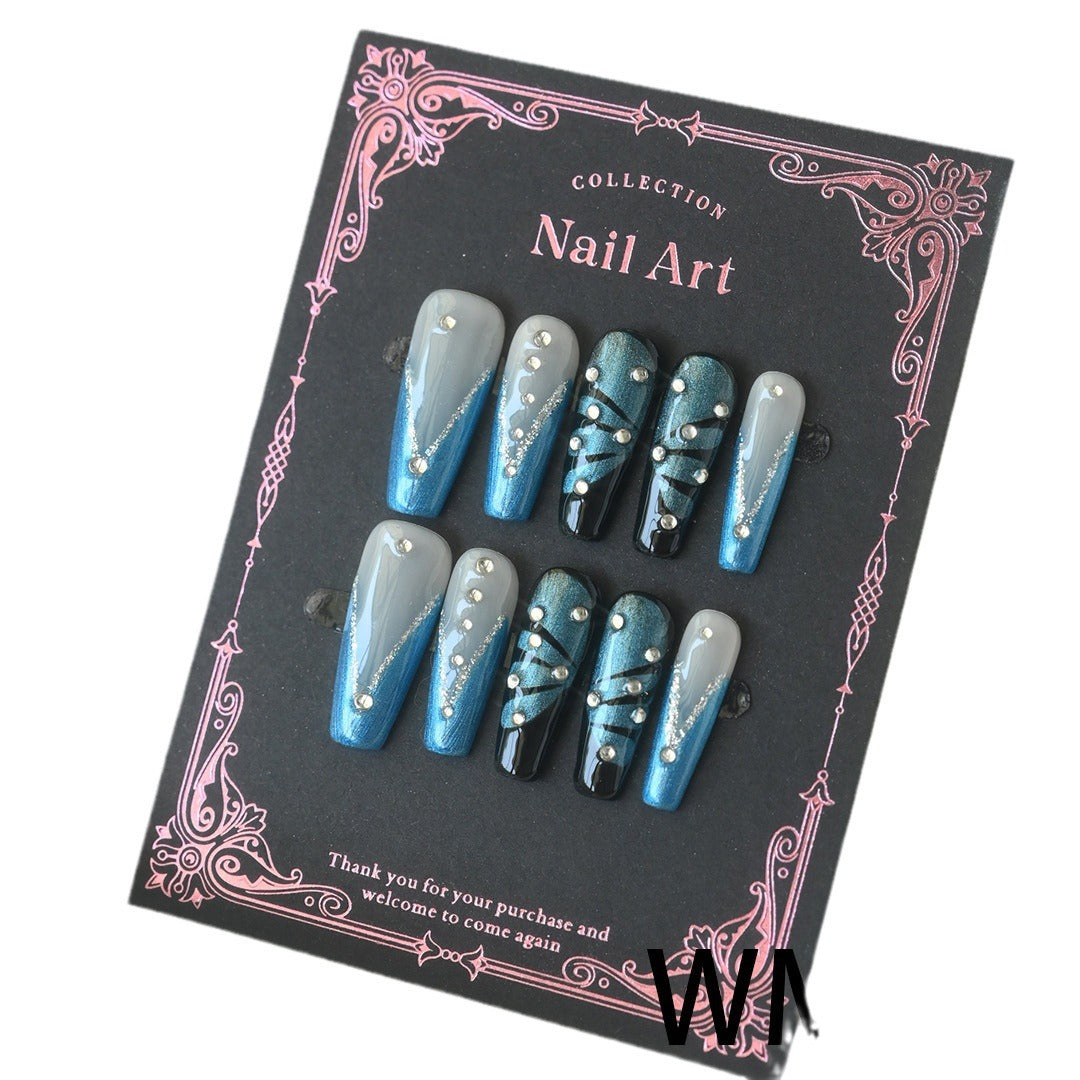 Handcrafted Wearable Nails with Metal Butterflies and Fully Diamond-Encrusted Design, Removable Medium-Length Nail Art Stickers