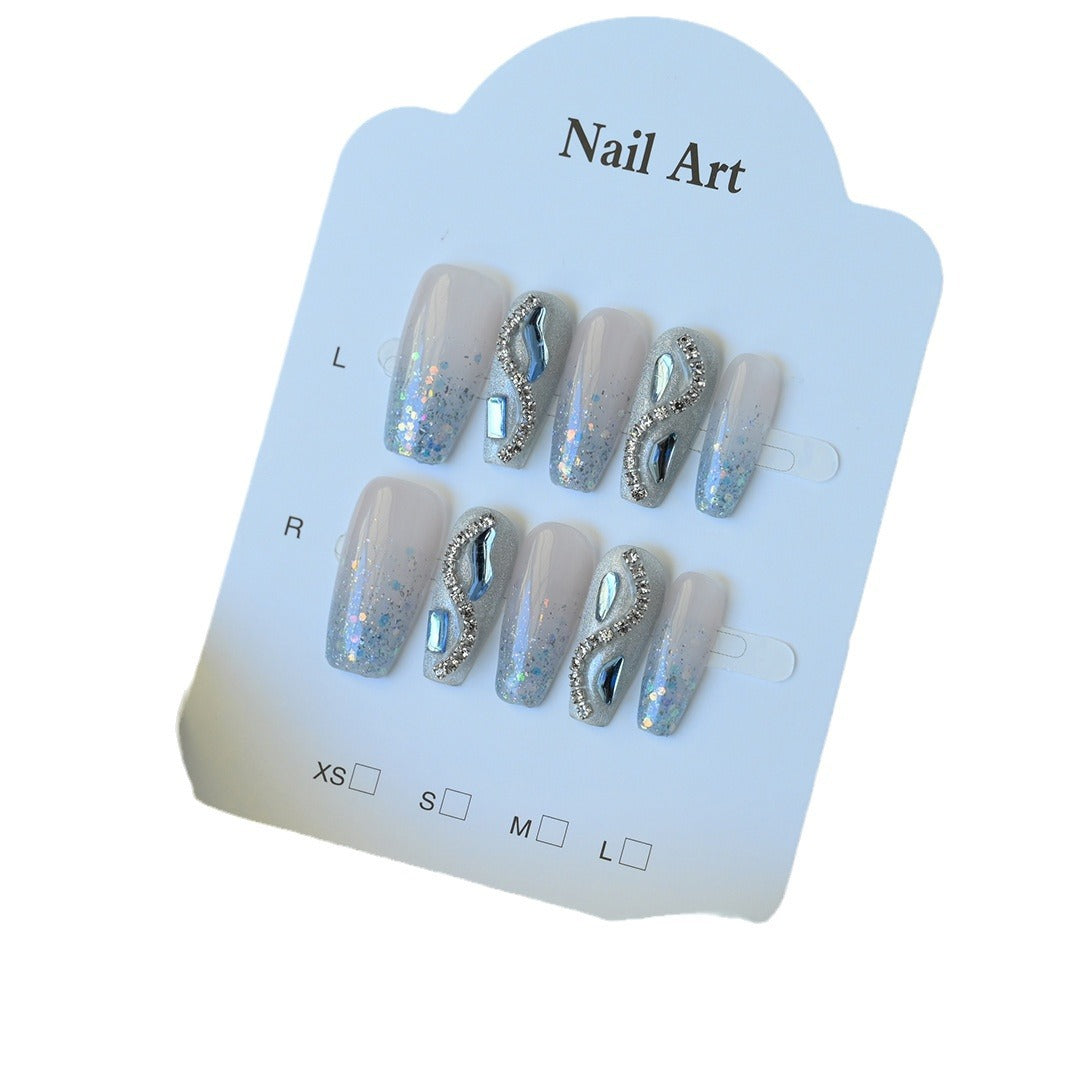 Handcrafted Wearable Nails with Diamond-Studded and Glitter Design, Removable Medium-Long Nail Art Stickers