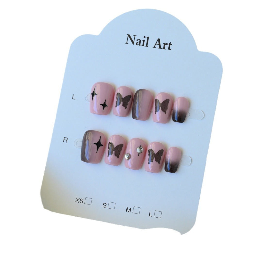 Handcrafted Wearable Pink Butterfly Nails, Removable Short Nail Art Stickers