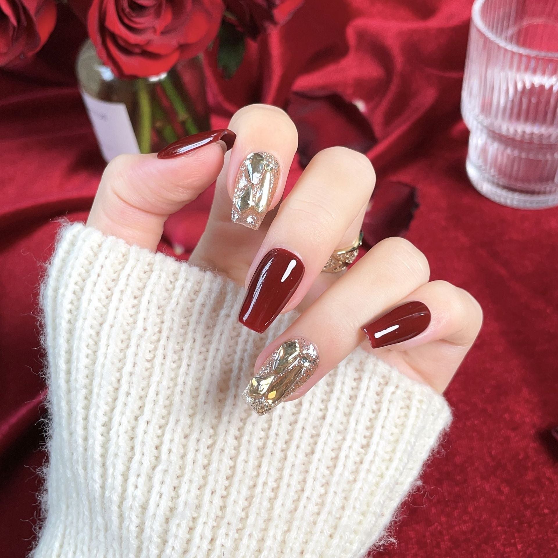 Handcrafted Wearable Red Nails with Diamond Embellishments, Removable Medium-Long Nail Art Stickers.