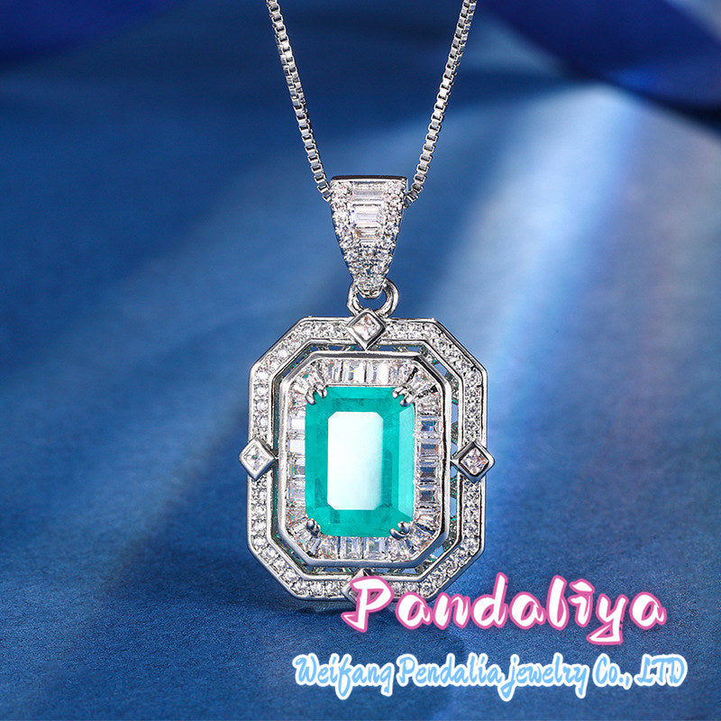 Simulated gemstone set, intricately adorned with exquisite square-cut diamonds, perfectly complementing both the ring and necklace, exuding a noble demeanor and radiating captivating brilliance!