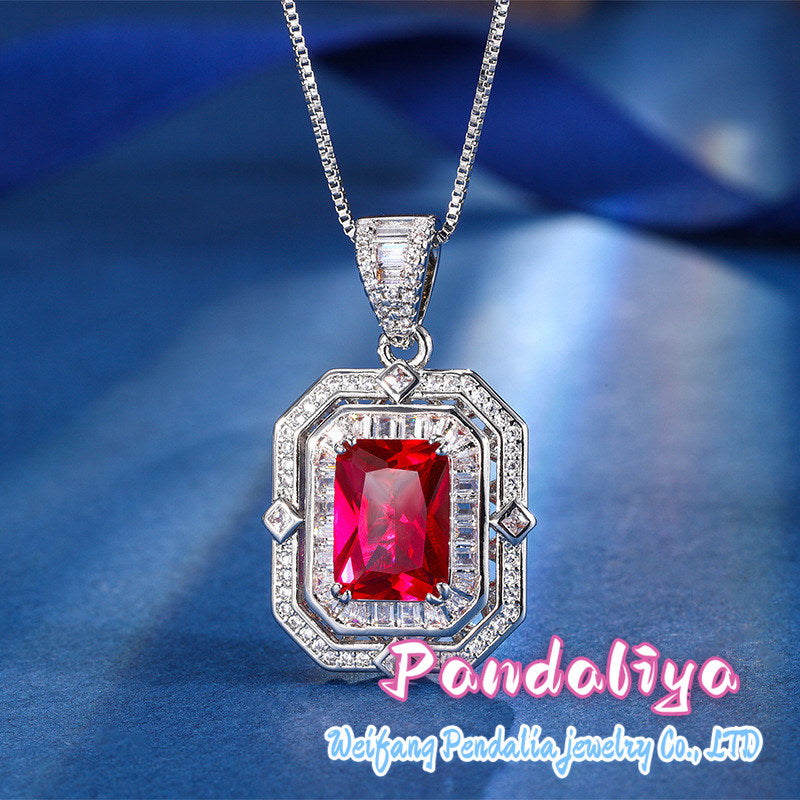 Simulated gemstone set, intricately adorned with exquisite square-cut diamonds, perfectly complementing both the ring and necklace, exuding a noble demeanor and radiating captivating brilliance!