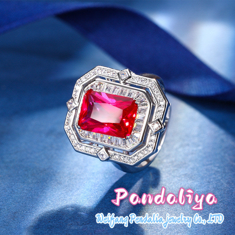 Simulated gemstone set, intricately adorned with exquisite square-cut diamonds, perfectly complementing both the ring and necklace, exuding a noble demeanor and radiating captivating brilliance!