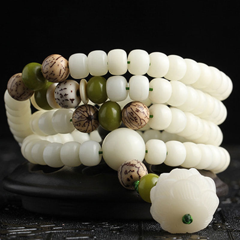 pandaliya White Jade Bodhi Lotus Mala Harmony Necklace Bracelet