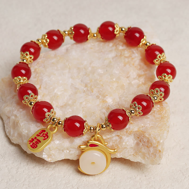 pandaliya Year of the Dragon Red Agate Green Aventurine Peace Buckle Fu Character Lucky Fortune Bracelet