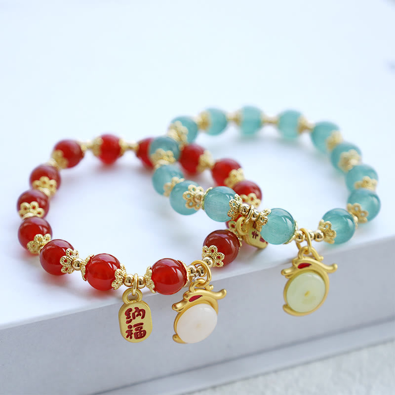 pandaliya Year of the Dragon Red Agate Green Aventurine Peace Buckle Fu Character Lucky Fortune Bracelet