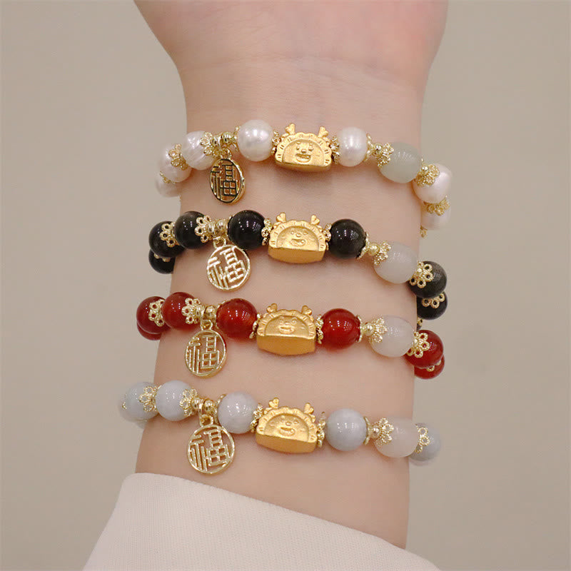 pandaliya Year Of The Dragon Red Agate Strawberry Quartz Black Obsidian Jade Garnet Pearl Cinnabar Dumpling Dragon Luck Fu Character Bracelet