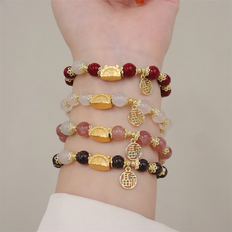 pandaliya Year Of The Dragon Red Agate Strawberry Quartz Black Obsidian Jade Garnet Pearl Cinnabar Dumpling Dragon Luck Fu Character Bracelet