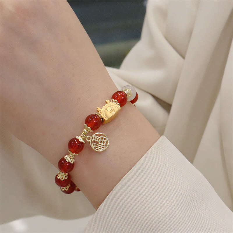 pandaliya Year Of The Dragon Red Agate Strawberry Quartz Black Obsidian Jade Garnet Pearl Cinnabar Dumpling Dragon Luck Fu Character Bracelet