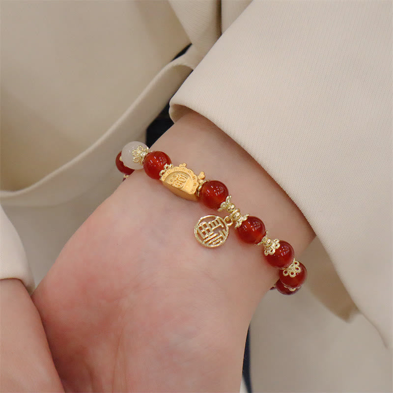 pandaliya Year Of The Dragon Red Agate Strawberry Quartz Black Obsidian Jade Garnet Pearl Cinnabar Dumpling Dragon Luck Fu Character Bracelet