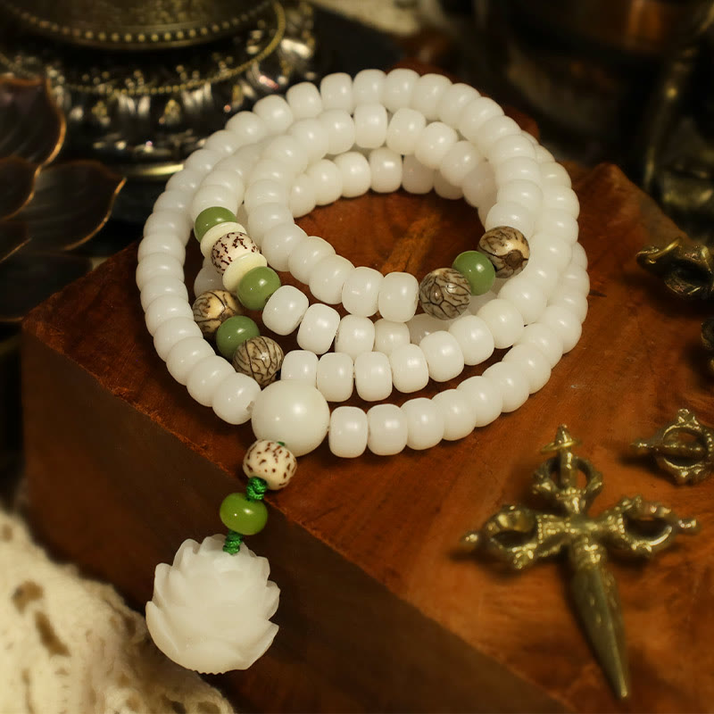 pandaliya White Jade Bodhi Lotus Mala Harmony Necklace Bracelet