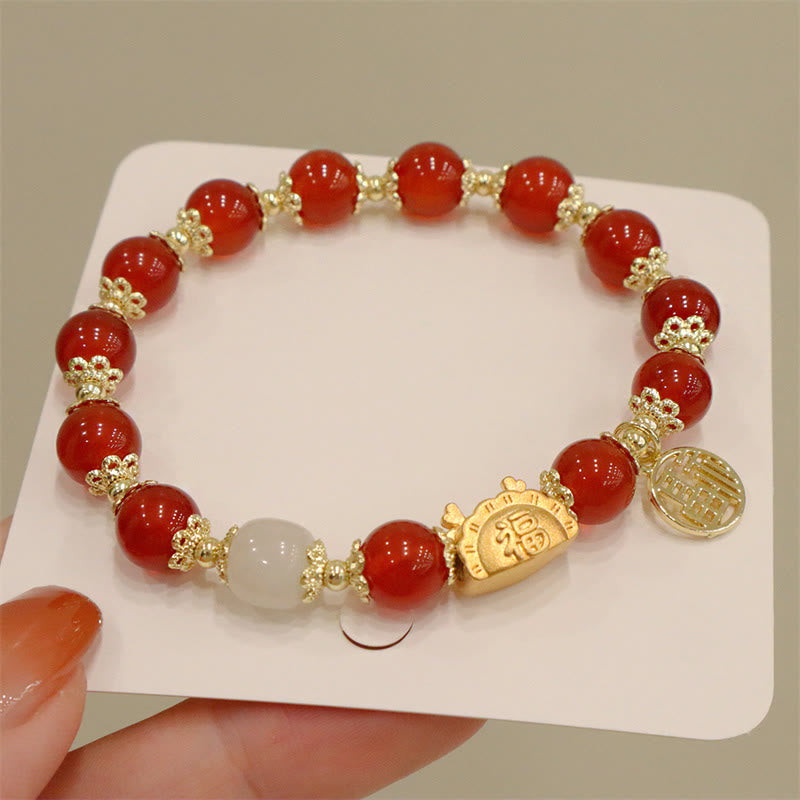 pandaliya Year Of The Dragon Red Agate Strawberry Quartz Black Obsidian Jade Garnet Pearl Cinnabar Dumpling Dragon Luck Fu Character Bracelet