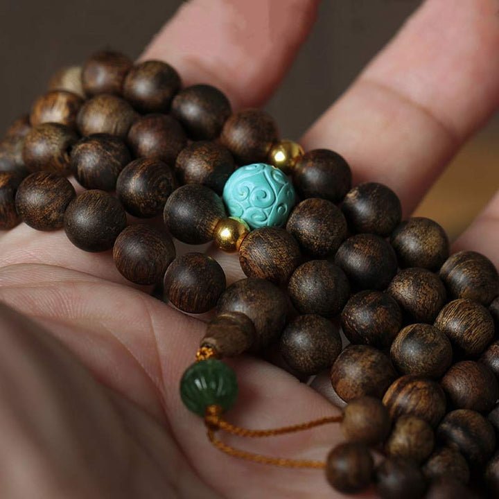 Pandaliya 108 Mala Beads Nha Trang Agarwood Turquoise Prayer Meditation Bracelet Mala - pandaliya