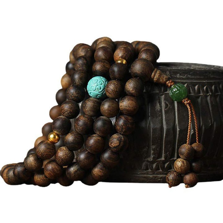 Pandaliya 108 Mala Beads Nha Trang Agarwood Turquoise Prayer Meditation Bracelet Mala - pandaliya