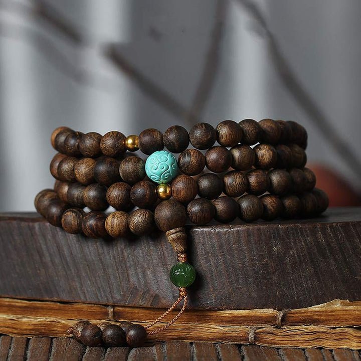 Pandaliya 108 Mala Beads Nha Trang Agarwood Turquoise Prayer Meditation Bracelet Mala - pandaliya