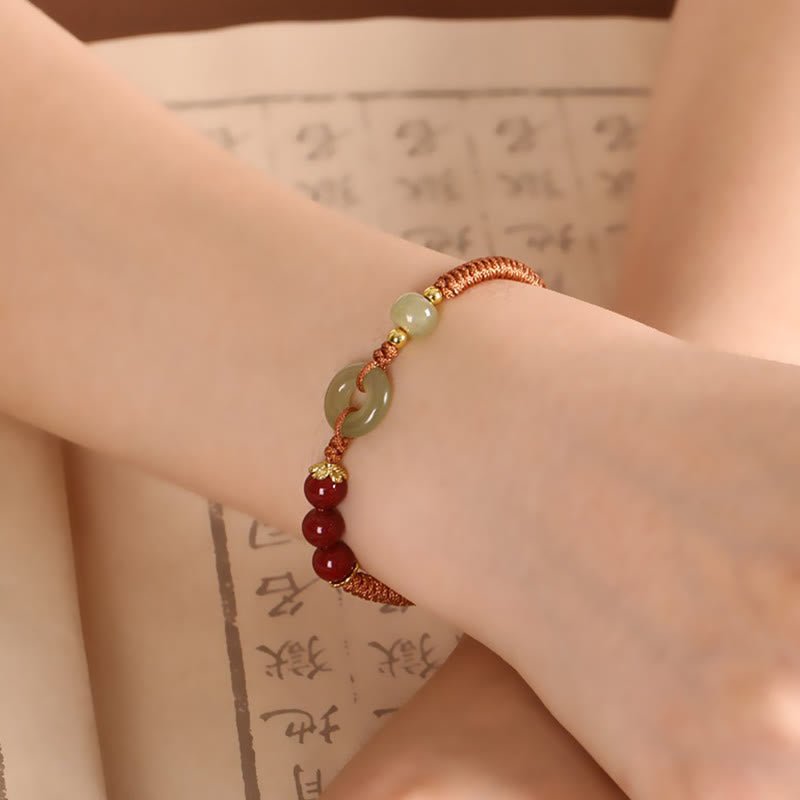 pandaliya Handmade 925 Sterling Silver Natural Hetian Jade Peace Buckle Cinnabar Pearl Luck Braided Bracelet - pandaliya