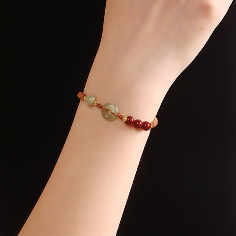 pandaliya Handmade 925 Sterling Silver Natural Hetian Jade Peace Buckle Cinnabar Pearl Luck Braided Bracelet - pandaliya