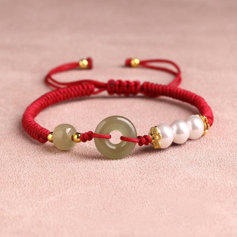 pandaliya Handmade 925 Sterling Silver Natural Hetian Jade Peace Buckle Cinnabar Pearl Luck Braided Bracelet - pandaliya