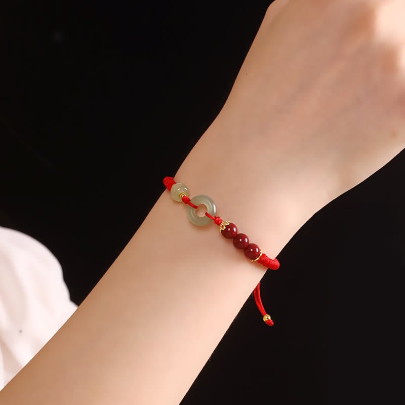 pandaliya Handmade 925 Sterling Silver Natural Hetian Jade Peace Buckle Cinnabar Pearl Luck Braided Bracelet - pandaliya