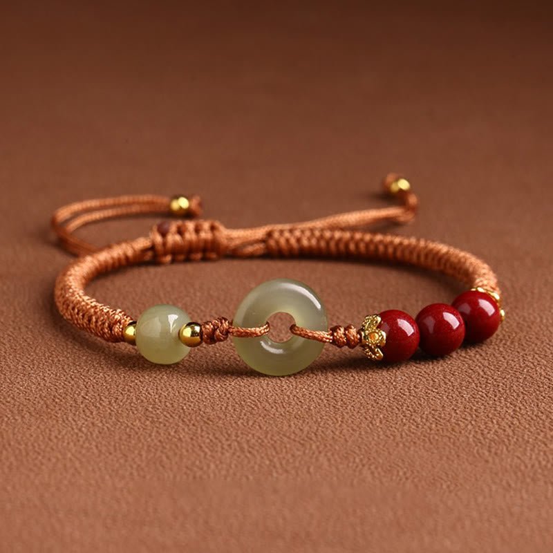 pandaliya Handmade 925 Sterling Silver Natural Hetian Jade Peace Buckle Cinnabar Pearl Luck Braided Bracelet - pandaliya