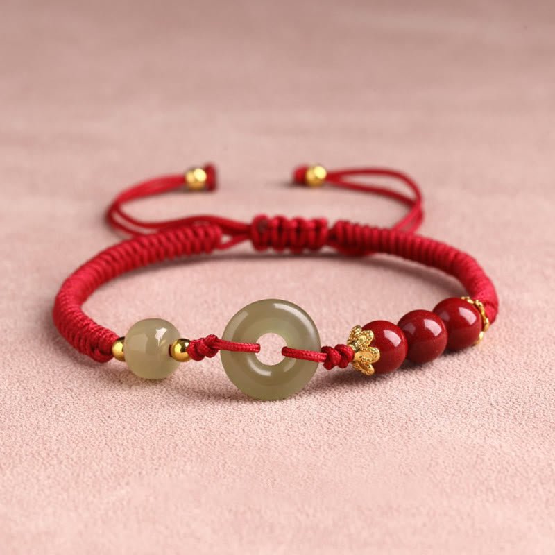 pandaliya Handmade 925 Sterling Silver Natural Hetian Jade Peace Buckle Cinnabar Pearl Luck Braided Bracelet - pandaliya