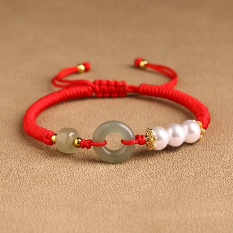 pandaliya Handmade 925 Sterling Silver Natural Hetian Jade Peace Buckle Cinnabar Pearl Luck Braided Bracelet - pandaliya