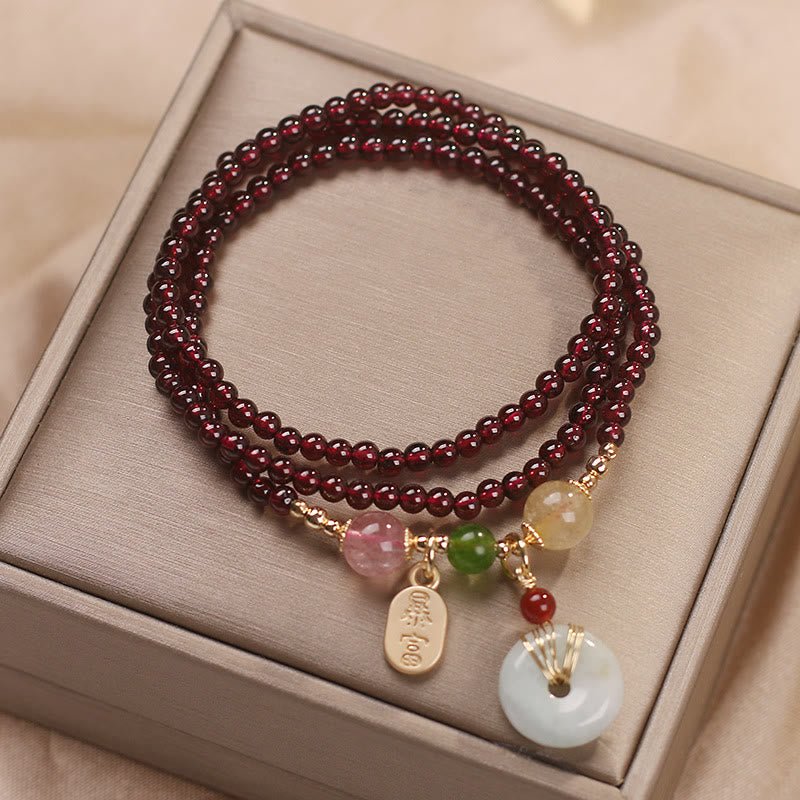 pandaliya Natural Garnet Strawberry Quartz Crystal Fox Koi Fish Peace Buckle Fortune Protection Triple Wrap Bracelet - pandaliya