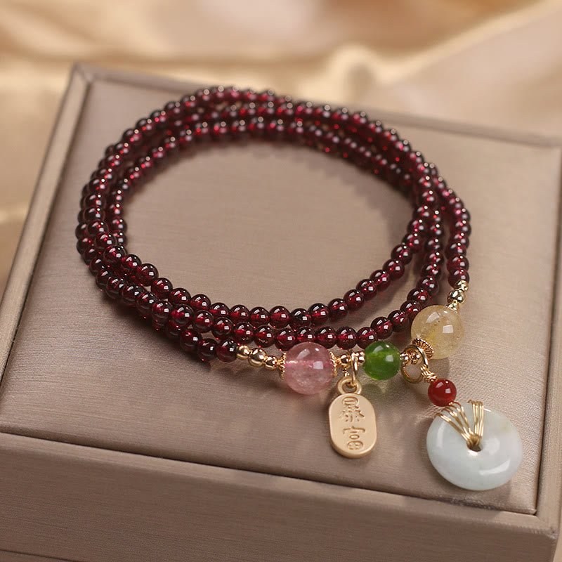 pandaliya Natural Garnet Strawberry Quartz Crystal Fox Koi Fish Peace Buckle Fortune Protection Triple Wrap Bracelet - pandaliya