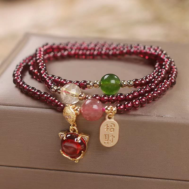 pandaliya Natural Garnet Strawberry Quartz Crystal Fox Koi Fish Peace Buckle Fortune Protection Triple Wrap Bracelet - pandaliya