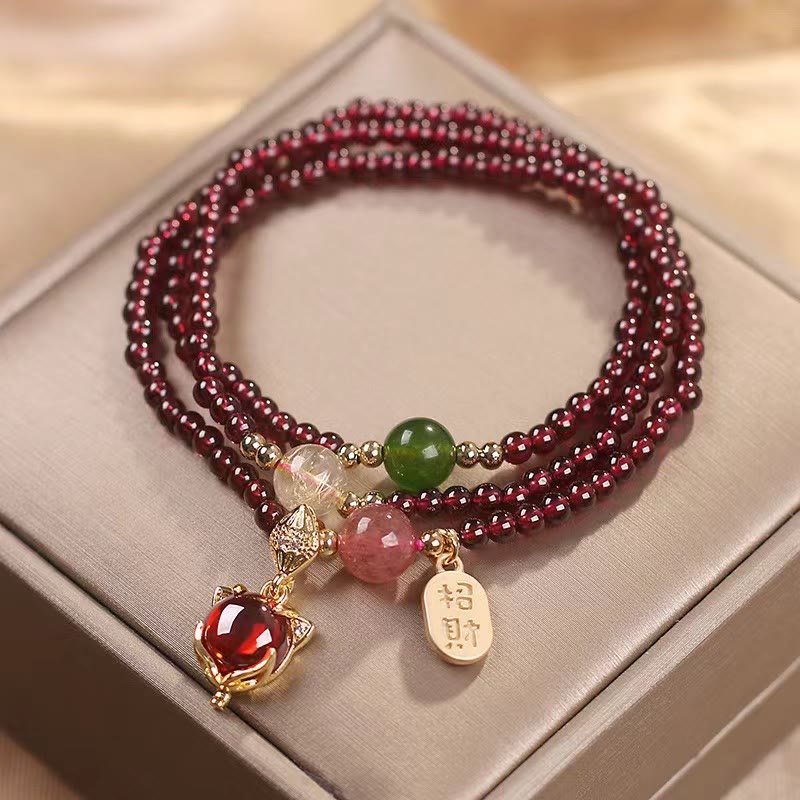 pandaliya Natural Garnet Strawberry Quartz Crystal Fox Koi Fish Peace Buckle Fortune Protection Triple Wrap Bracelet - pandaliya