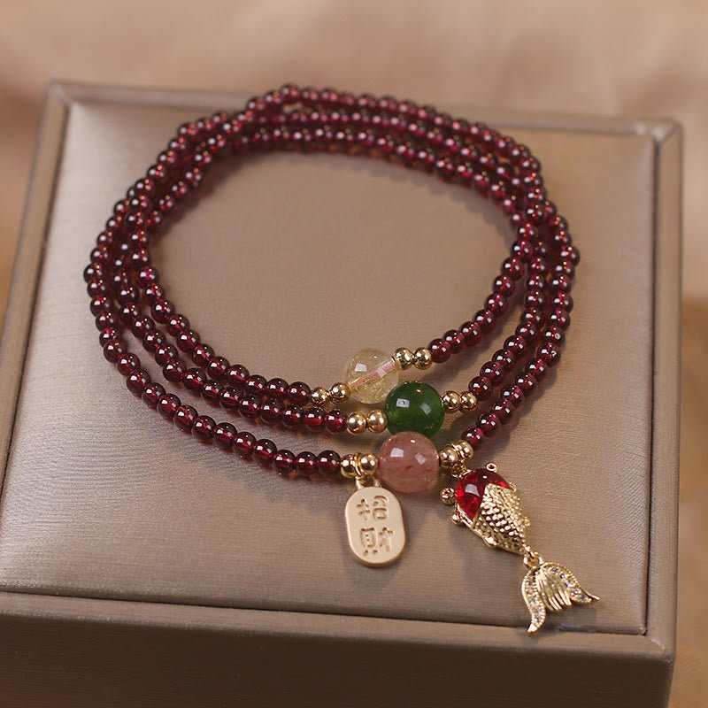 pandaliya Natural Garnet Strawberry Quartz Crystal Fox Koi Fish Peace Buckle Fortune Protection Triple Wrap Bracelet - pandaliya