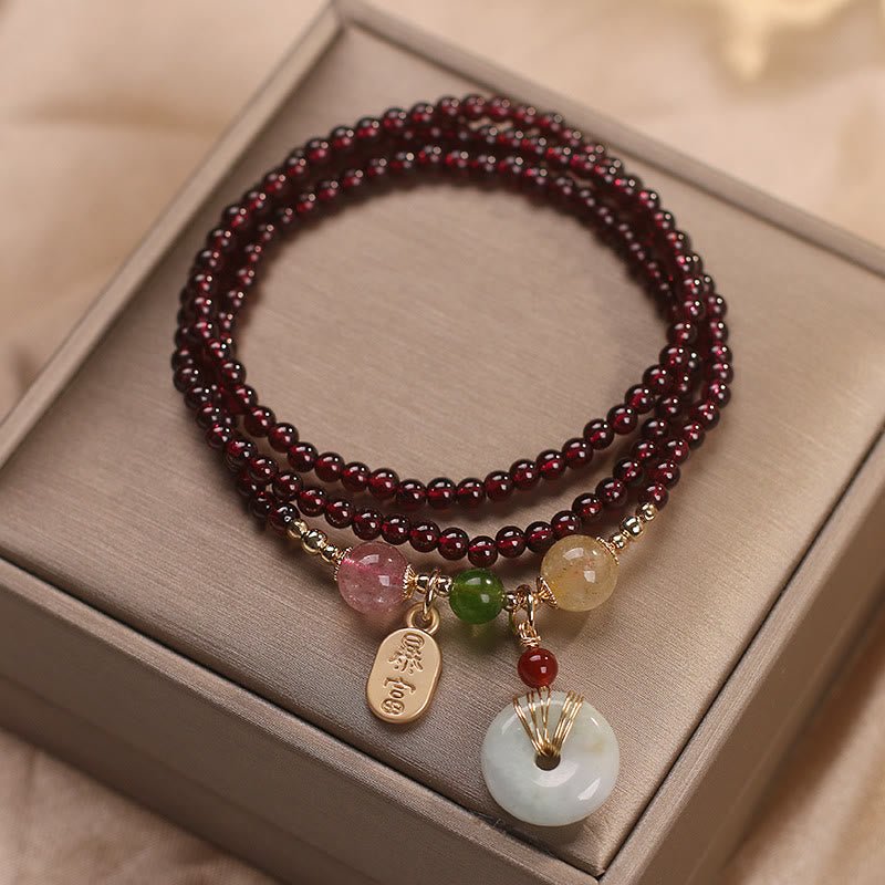 pandaliya Natural Garnet Strawberry Quartz Crystal Fox Koi Fish Peace Buckle Fortune Protection Triple Wrap Bracelet - pandaliya