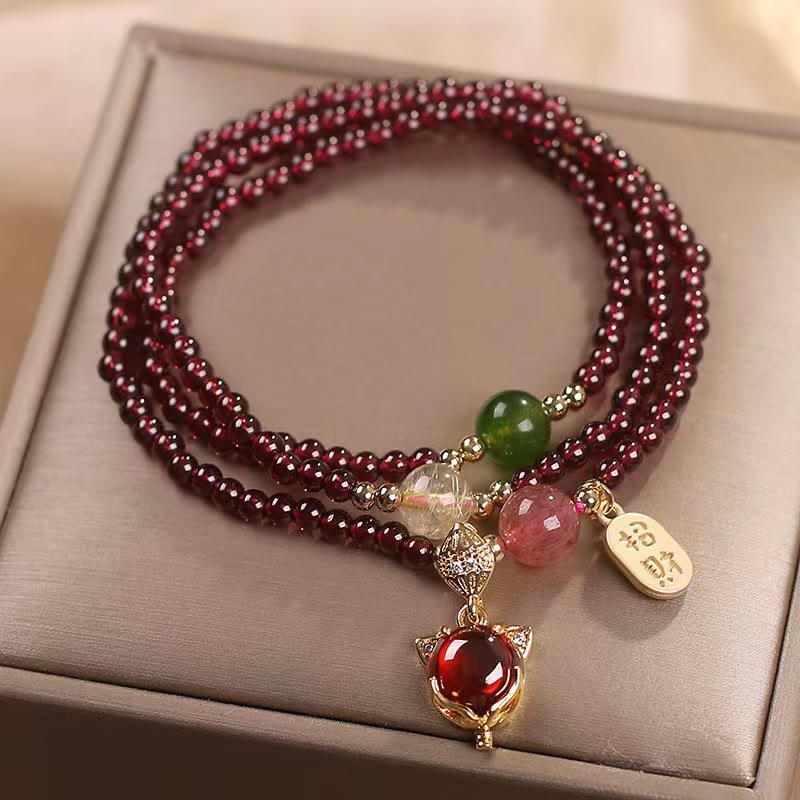 pandaliya Natural Garnet Strawberry Quartz Crystal Fox Koi Fish Peace Buckle Fortune Protection Triple Wrap Bracelet - pandaliya