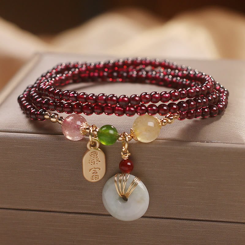 pandaliya Natural Garnet Strawberry Quartz Crystal Fox Koi Fish Peace Buckle Fortune Protection Triple Wrap Bracelet - pandaliya