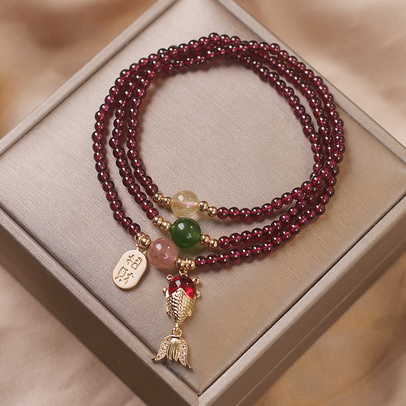 pandaliya Natural Garnet Strawberry Quartz Crystal Fox Koi Fish Peace Buckle Fortune Protection Triple Wrap Bracelet - pandaliya