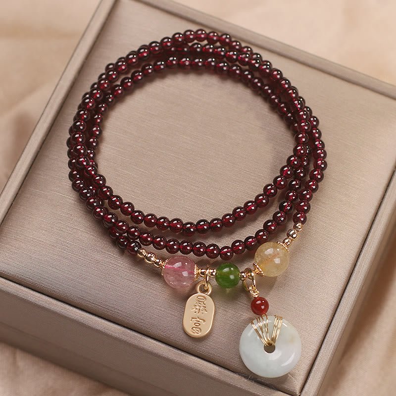 pandaliya Natural Garnet Strawberry Quartz Crystal Fox Koi Fish Peace Buckle Fortune Protection Triple Wrap Bracelet - pandaliya