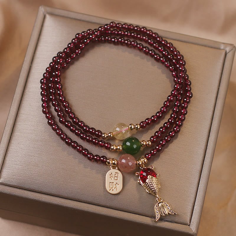 pandaliya Natural Garnet Strawberry Quartz Crystal Fox Koi Fish Peace Buckle Fortune Protection Triple Wrap Bracelet - pandaliya