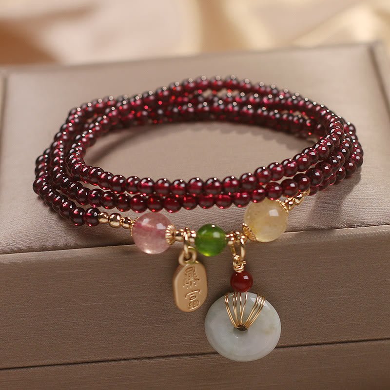 pandaliya Natural Garnet Strawberry Quartz Crystal Fox Koi Fish Peace Buckle Fortune Protection Triple Wrap Bracelet - pandaliya