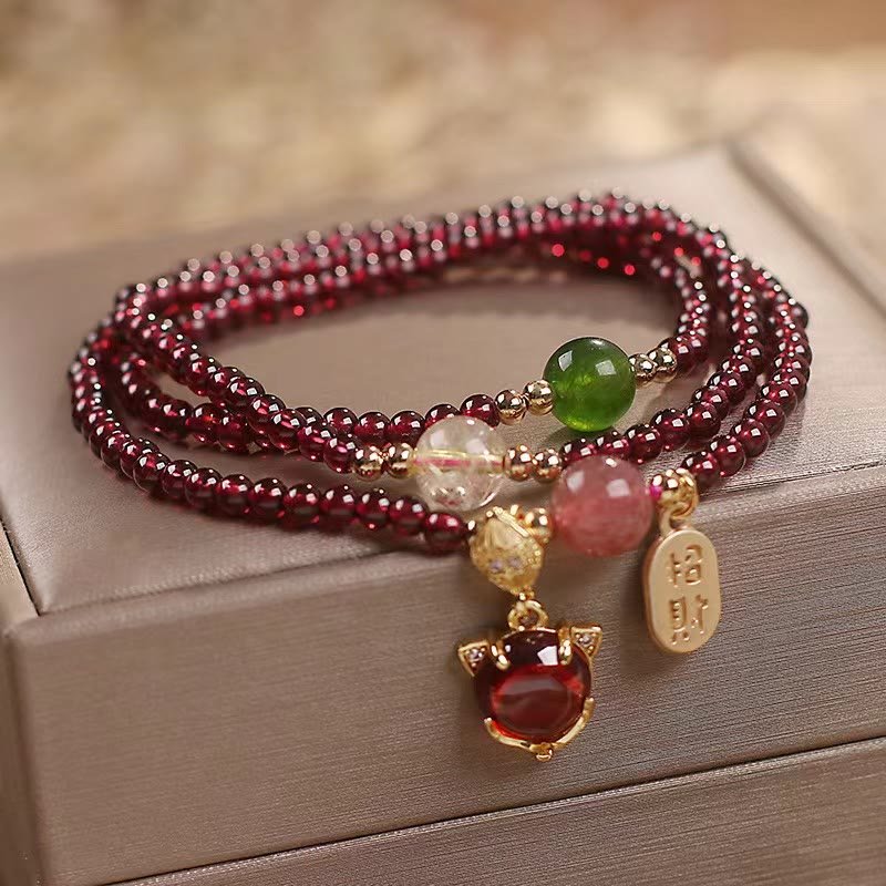 pandaliya Natural Garnet Strawberry Quartz Crystal Fox Koi Fish Peace Buckle Fortune Protection Triple Wrap Bracelet - pandaliya