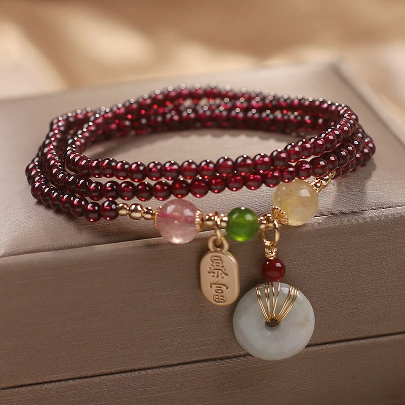 pandaliya Natural Garnet Strawberry Quartz Crystal Fox Koi Fish Peace Buckle Fortune Protection Triple Wrap Bracelet - pandaliya